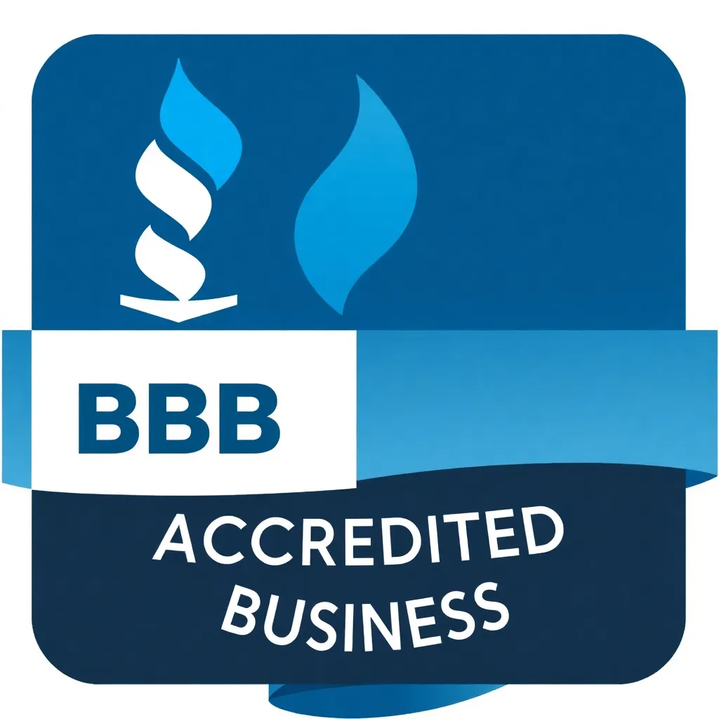 BBB Accredited Business badge with blue flame icon and text