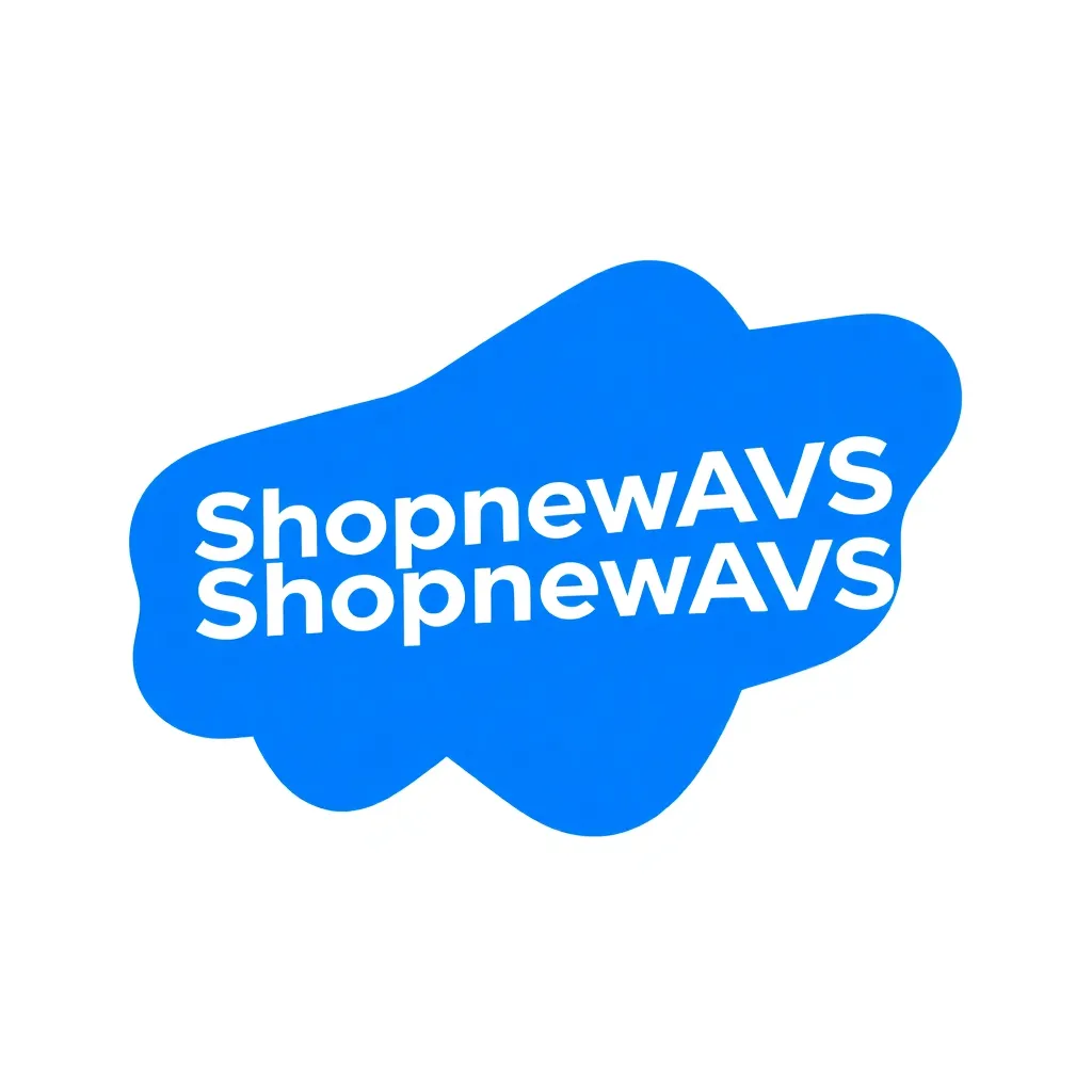 Shopnew AVS logo, blue abstract shape with text ShopnewAVS